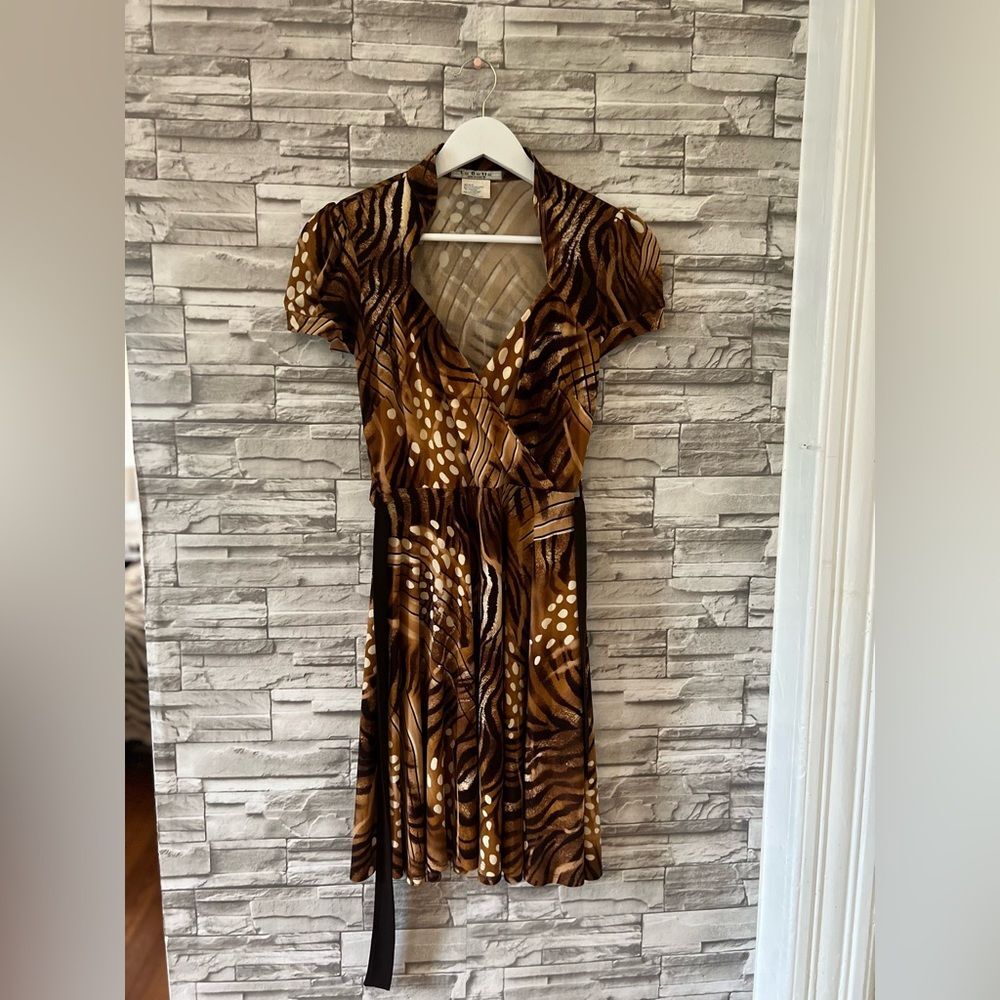 La Belle Y2K Collared V-Neck Cheetah Leopard Print Mini Tie Front Swing Dress S